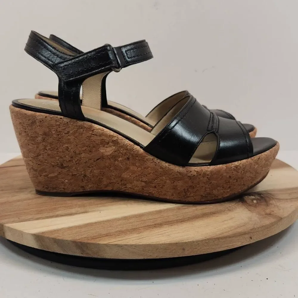 JOHNSTON & MURPHY Alicia Wedge Sandal - Black Leather Women's Size 9